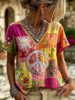 Women's Hippie Peace Sign Floral Patchwork Embroidered V-Neck Short Sleeve T-Shirt