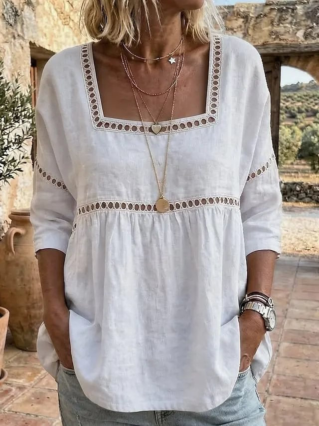 Women's Solid Cotton Linen Blend Lace Trim Square Neck 3/4 Sleeve Blouse