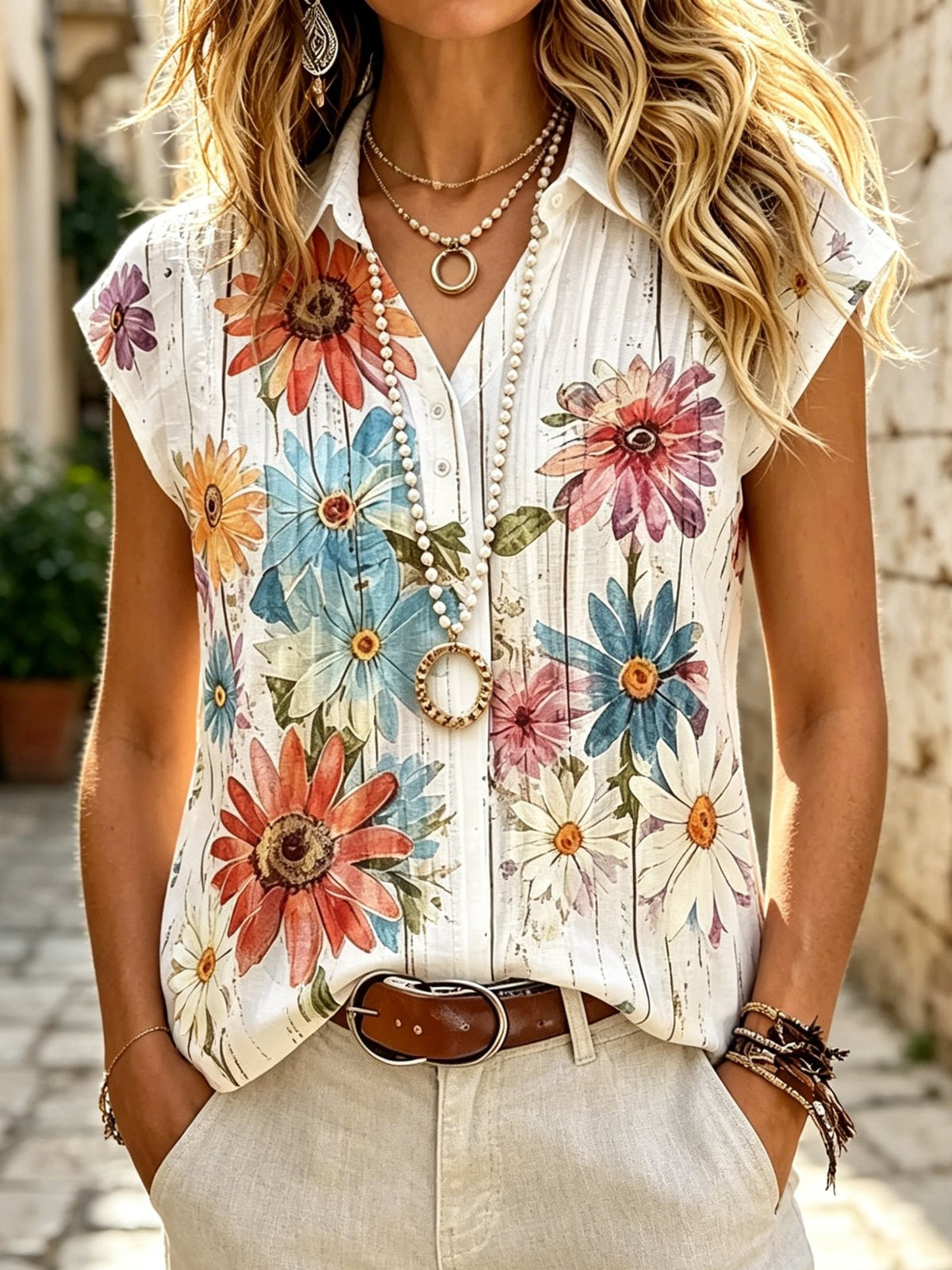 Women's Retro Ethnic Floral Art Print Casual Short Sleeve Cotton Linen Shirt