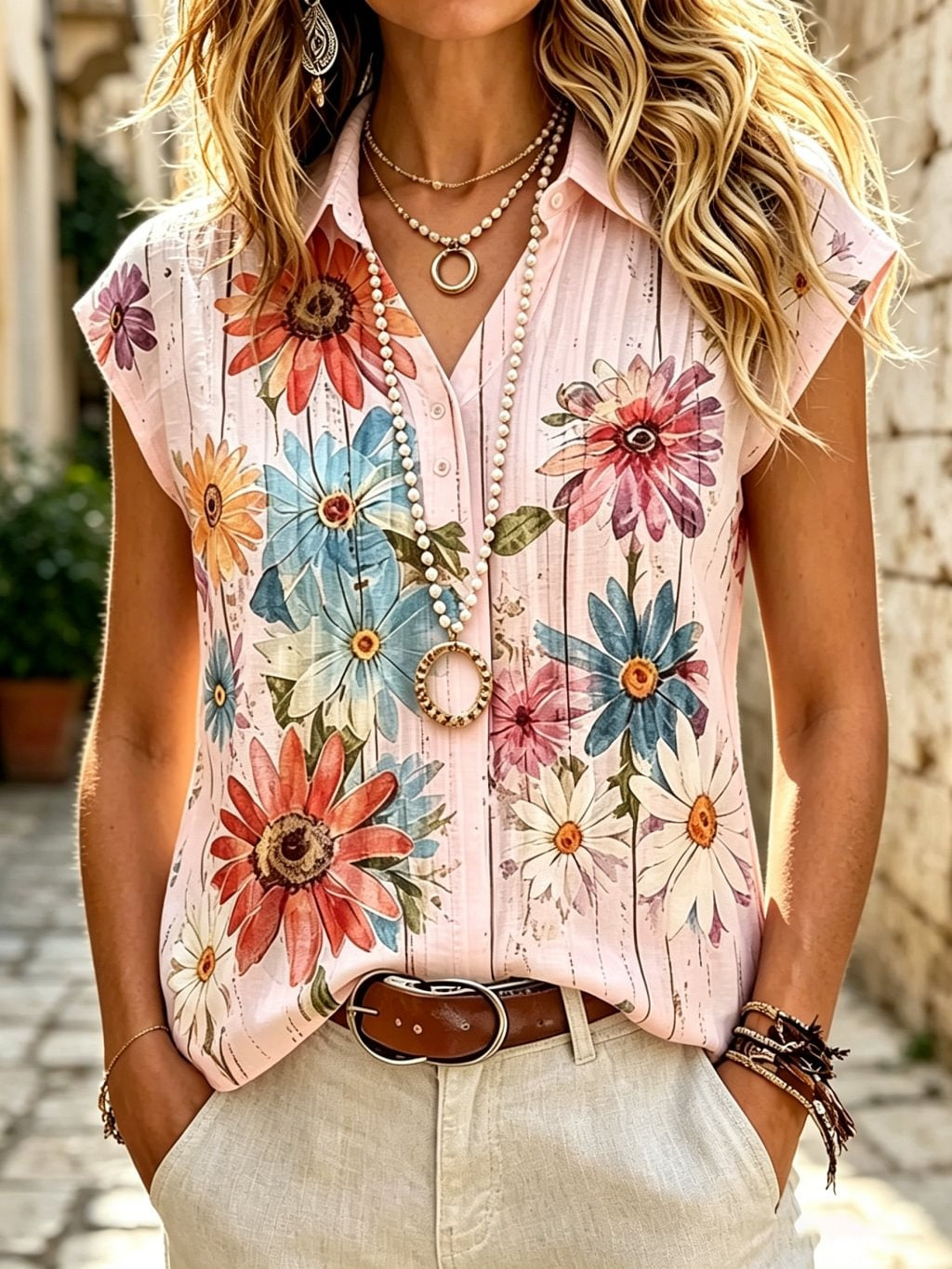Women's Retro Ethnic Floral Art Print Casual Short Sleeve Cotton Linen Shirt