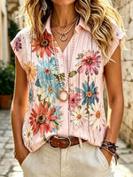 Women's Retro Ethnic Floral Art Print Casual Short Sleeve Cotton Linen Shirt