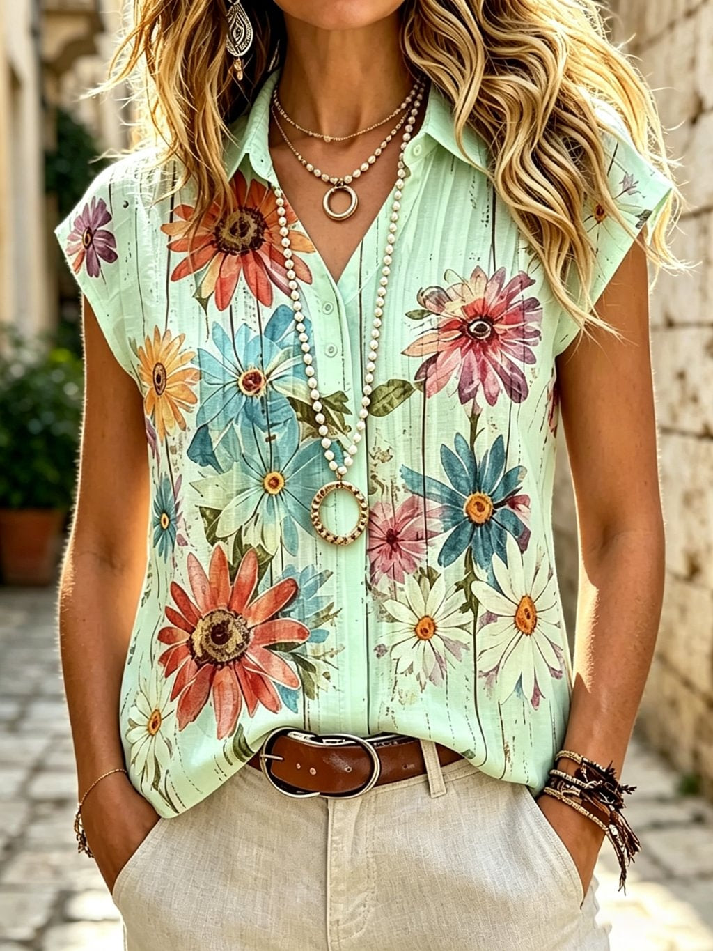 Women's Retro Ethnic Floral Art Print Casual Short Sleeve Cotton Linen Shirt