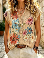 Women's Retro Ethnic Floral Art Print Casual Short Sleeve Cotton Linen Shirt