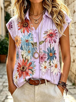 Women's Retro Ethnic Floral Art Print Casual Short Sleeve Cotton Linen Shirt