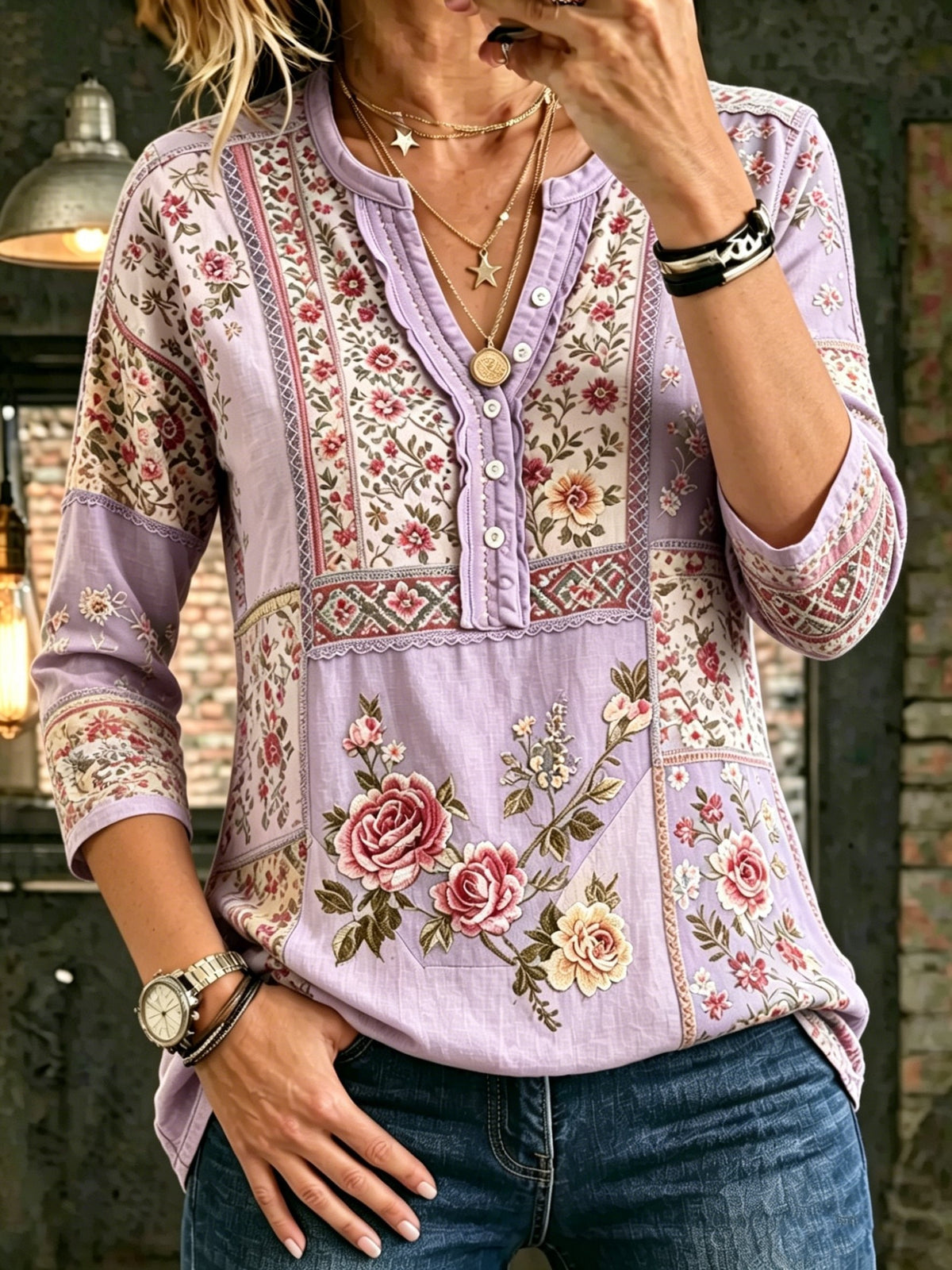 Women's Bohemian Floral Art Print Casual Three-quarter Sleeve Cotton Shirt