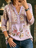 Women's Bohemian Floral Art Print Casual Three-quarter Sleeve Cotton Shirt