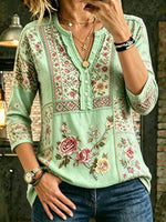 Women's Bohemian Floral Art Print Casual Three-quarter Sleeve Cotton Shirt