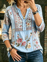 Women's Bohemian Floral Art Print Casual Three-quarter Sleeve Cotton Shirt