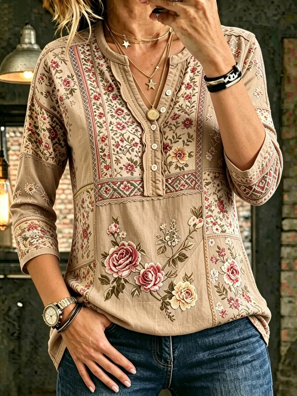 Women's Bohemian Floral Art Print Casual Three-quarter Sleeve Cotton Shirt