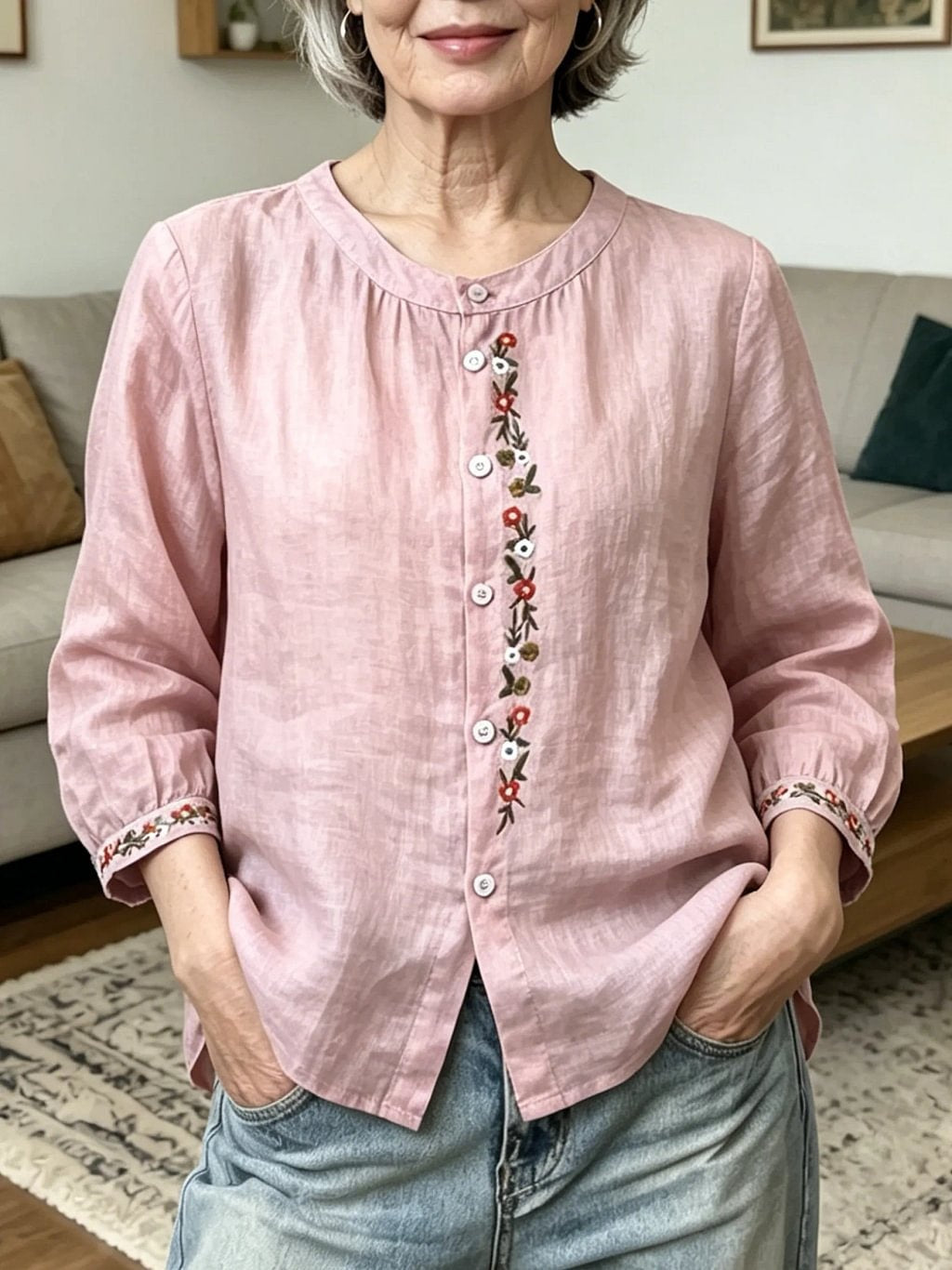Women's Round-Neck Embroidered Casual Cotton-Linen Shirt