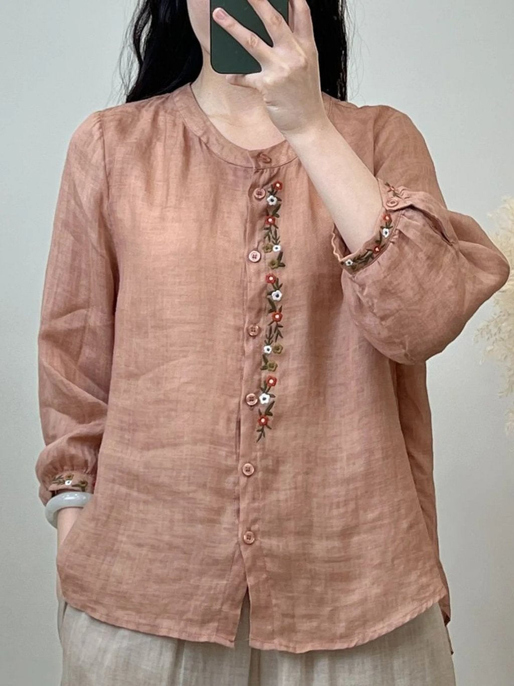 Women's Round-Neck Embroidered Casual Cotton-Linen Shirt