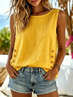Women's Solid-Color Sleeveless Tank Top with Side Buckles and Round Neck