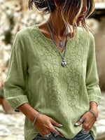 Women's Retro Flowers Embroidered V-neck Cotton Shirt