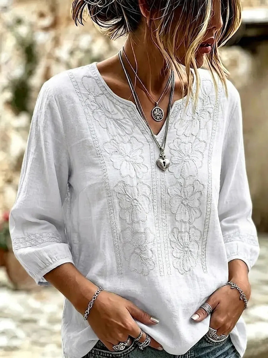 Women's Retro Flowers Embroidered V-neck Cotton Shirt