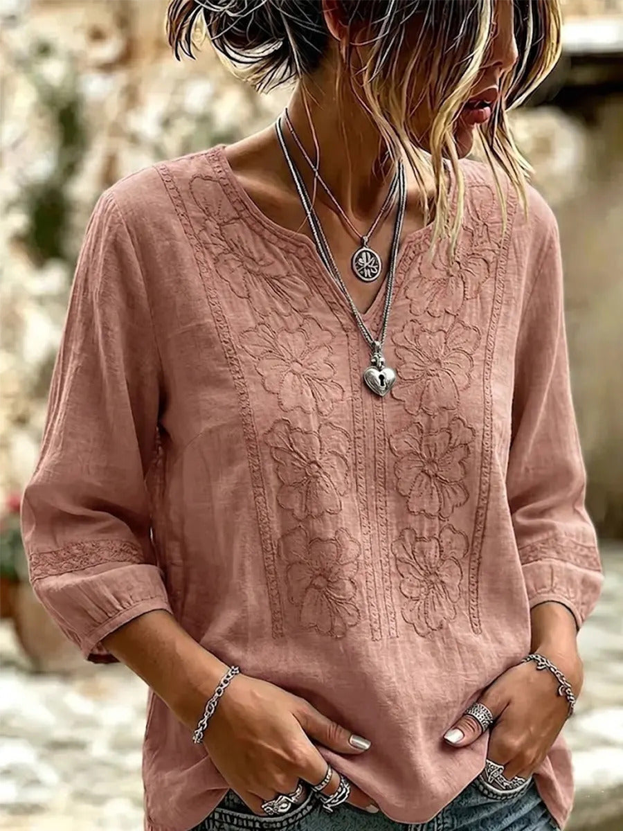 Women's Retro Flowers Embroidered V-neck Cotton Shirt