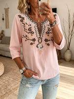Women's Boho Floral V-Neck 3/4 Sleeve Top