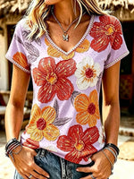 Women's Beaded Floral Print Cotton V-Neck Short Sleeve Top