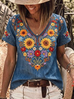 Women's Retro Floral Art Print Casual Short-sleeve V-neck Hollow-out Denim Shirt