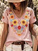 Women's Retro Floral Art Print Casual Short-sleeve V-neck Hollow-out Denim Shirt