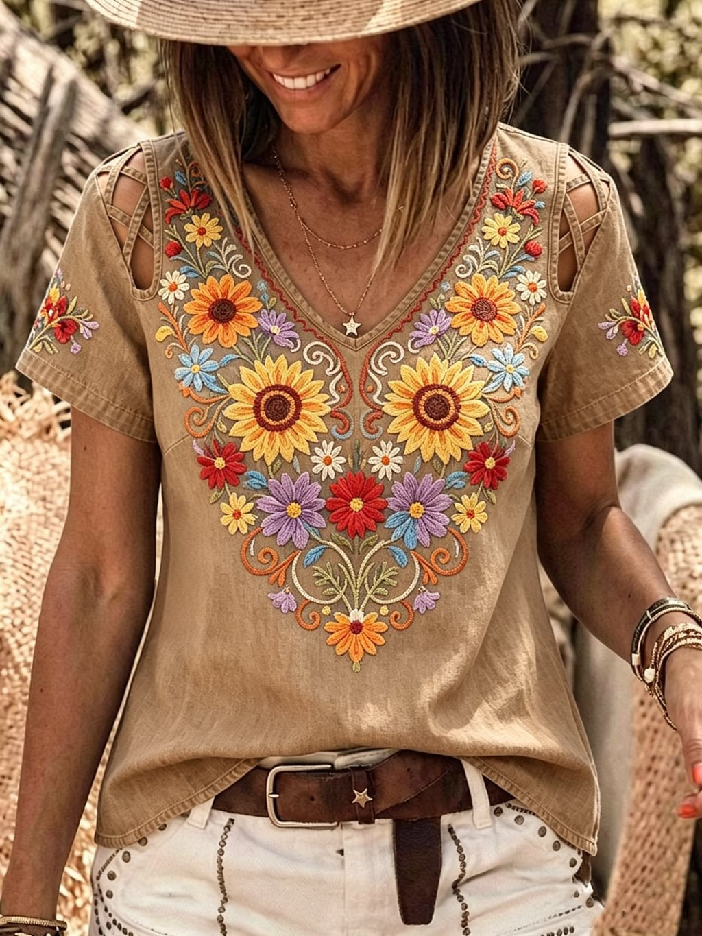 Women's Retro Floral Art Print Casual Short-sleeve V-neck Hollow-out Denim Shirt
