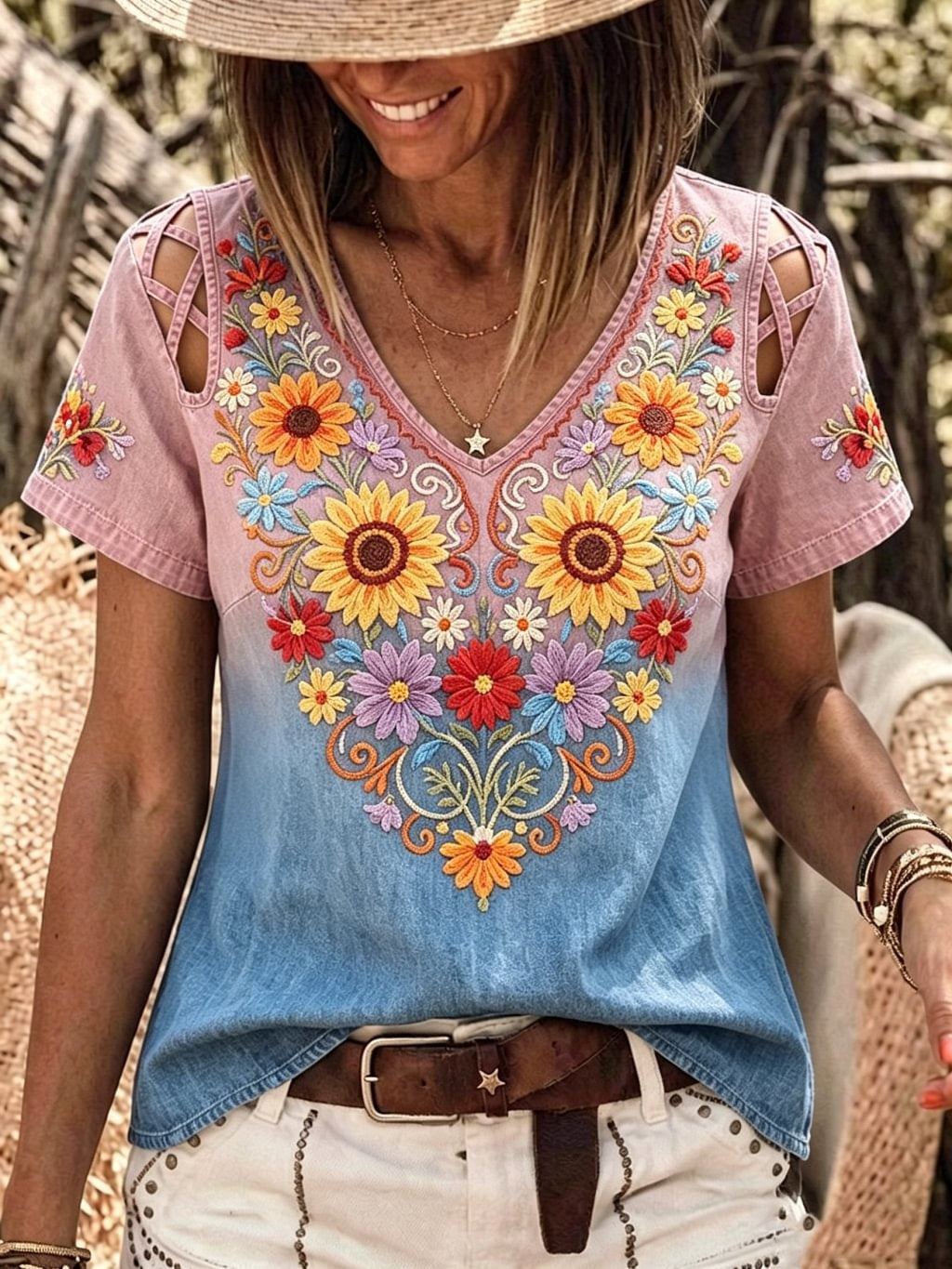 Women's Retro Floral Art Print Casual Short-sleeve V-neck Hollow-out Denim Shirt