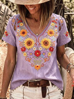 Women's Retro Floral Art Print Casual Short-sleeve V-neck Hollow-out Denim Shirt