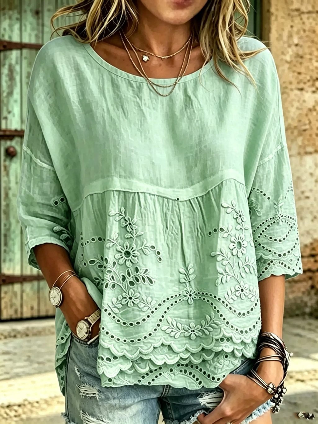 Women's Floral Print Round Neck 3/4 Sleeve Blouse