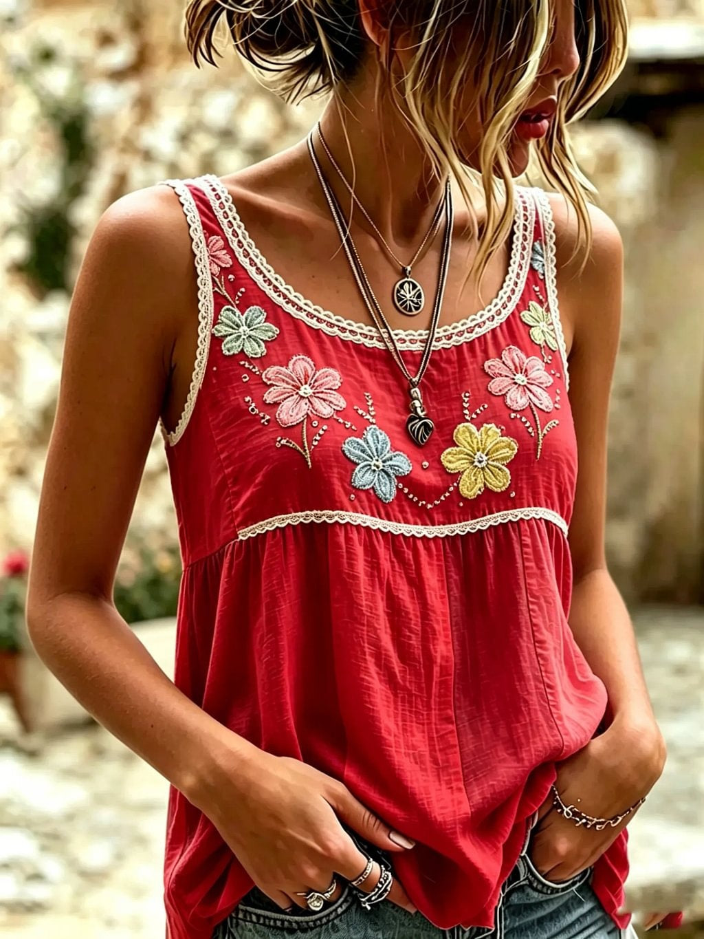 Women's Floral Lace Patchwork Print Cotton Tank Top
