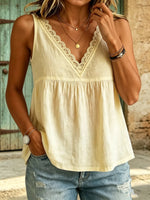 Women's Lace Trim Cotton V Neck Peplum Sleeveless Tank