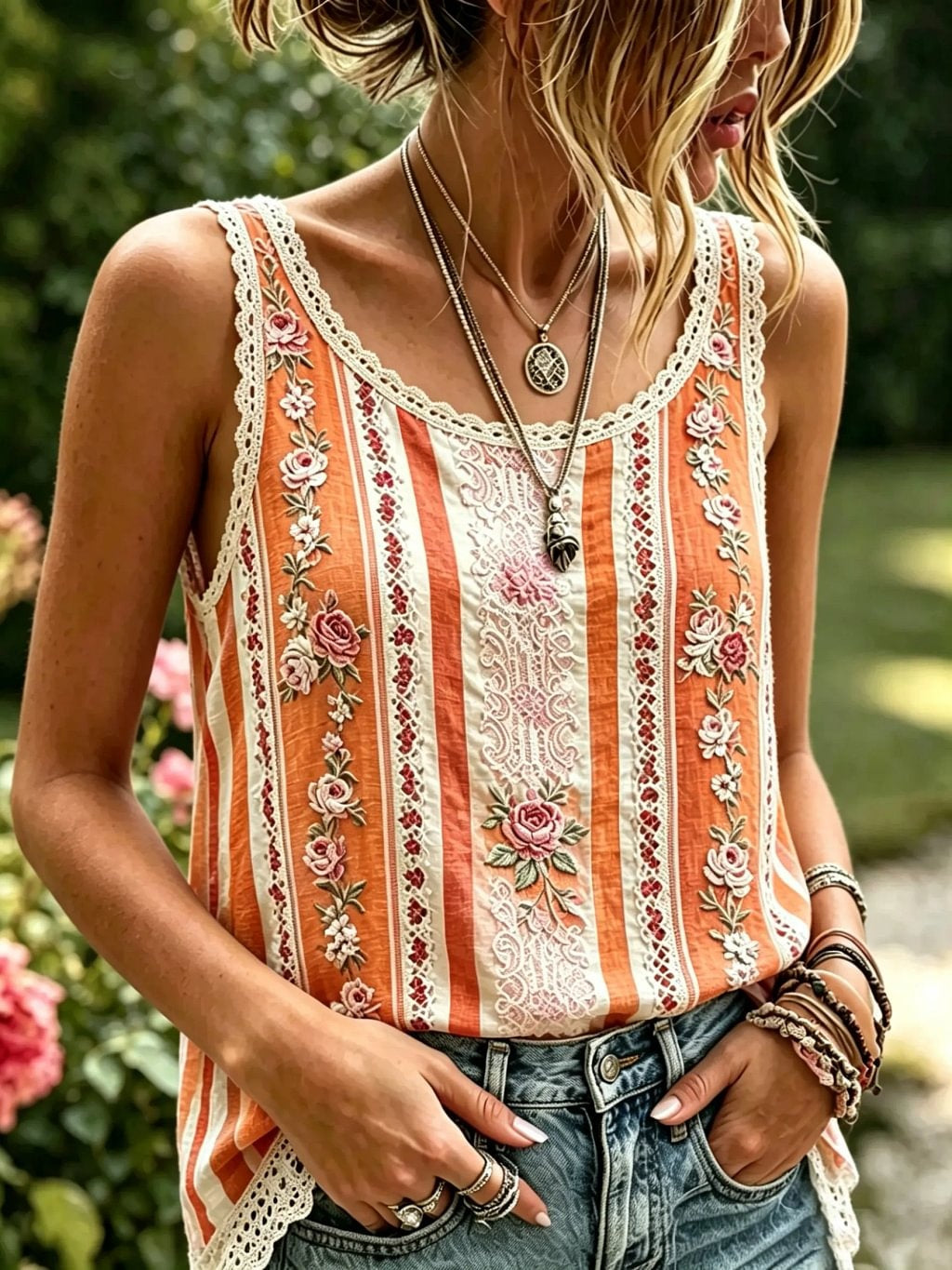 Women's Stripe Floral Print Cotton Lace Trim Sleeveless Tank Top