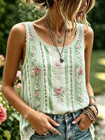 Women's Stripe Floral Print Cotton Lace Trim Sleeveless Tank Top