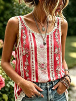 Women's Stripe Floral Print Cotton Lace Trim Sleeveless Tank Top