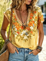 Women's Vintage Floral Print Cotton V-Neck Short Sleeve Top