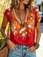 Women's Vintage Floral Print Cotton V-Neck Short Sleeve Top