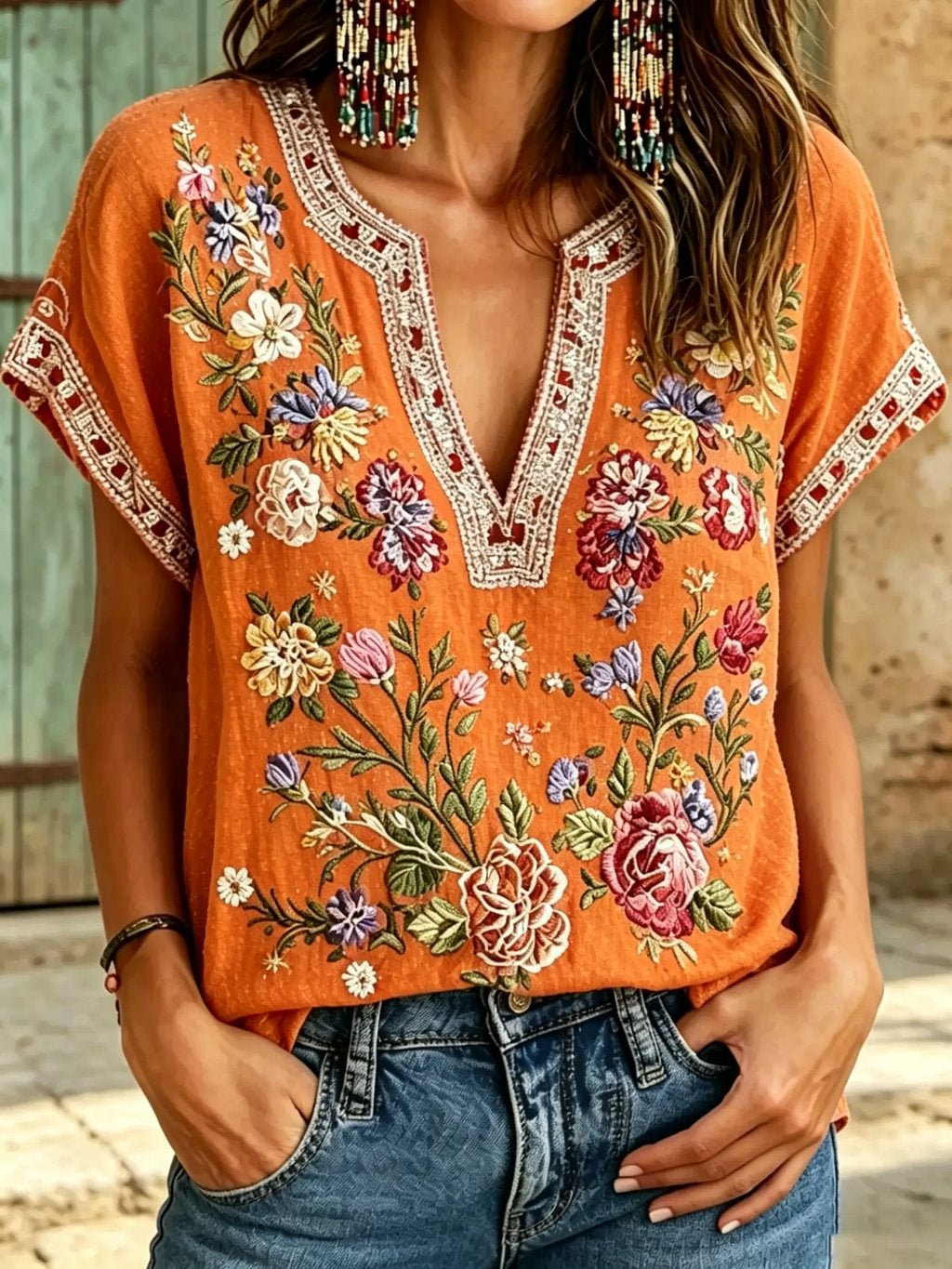 Women's Floral Print Cotton Short Sleeve Blouse