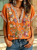 Women's Floral Print Cotton Short Sleeve Blouse