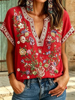 Women's Floral Print Cotton Short Sleeve Blouse