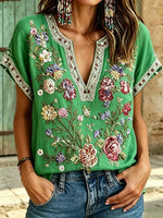 Women's Floral Print Cotton Short Sleeve Blouse