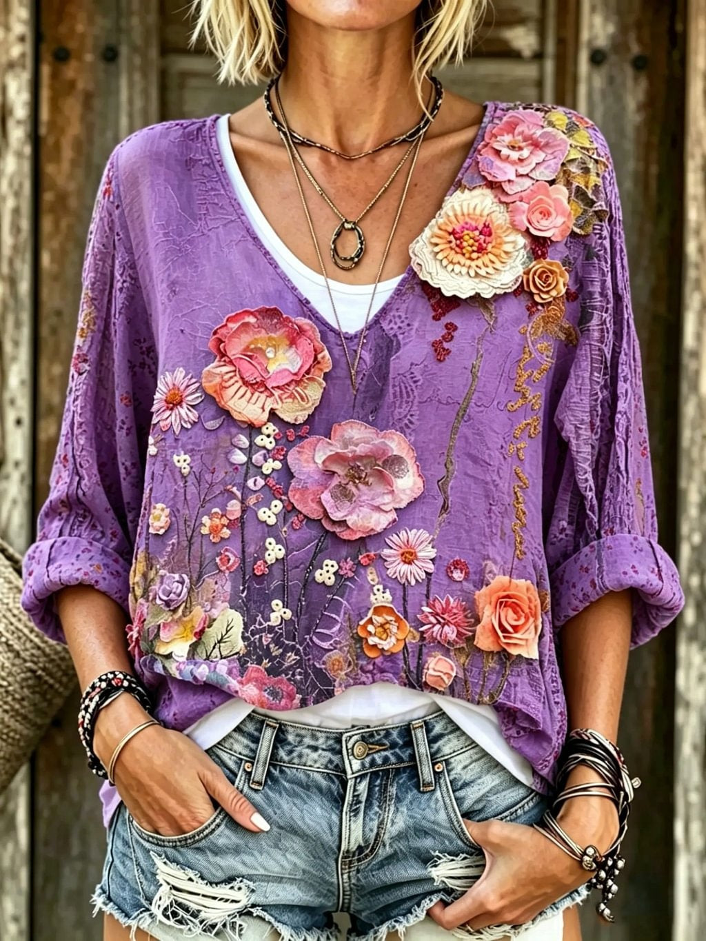 Women's Floral Print V-Neck 3/4 Sleeve Blouse