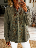 Women's Vintage Ethnic Pattern Art Print Casual Long Sleeve Washed Cotton Denim Shirt