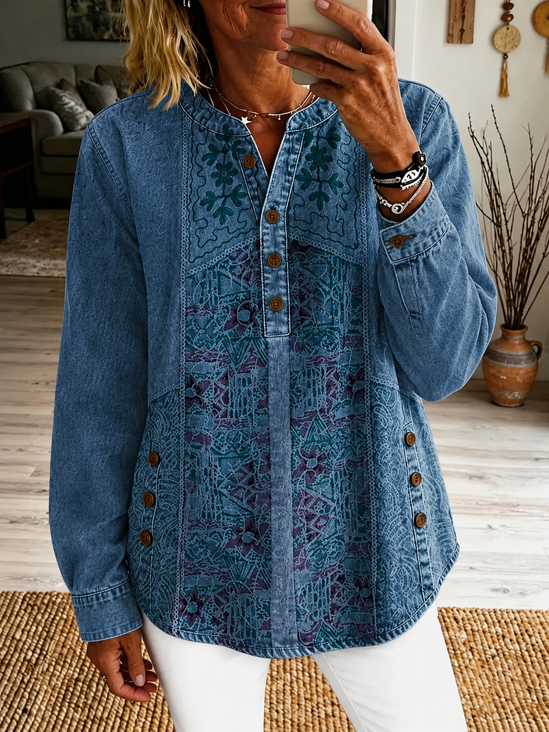 Women's Vintage Ethnic Pattern Art Print Casual Long Sleeve Washed Cotton Denim Shirt