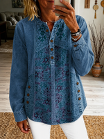 Women's Vintage Ethnic Pattern Art Print Casual Long Sleeve Washed Cotton Denim Shirt