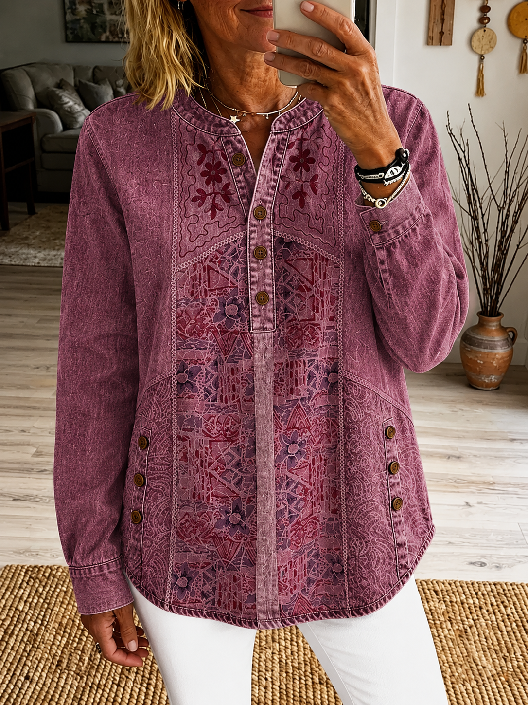 Women's Vintage Ethnic Pattern Art Print Casual Long Sleeve Washed Cotton Denim Shirt
