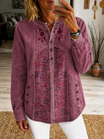 Women's Vintage Ethnic Pattern Art Print Casual Long Sleeve Washed Cotton Denim Shirt