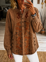 Women's Vintage Ethnic Pattern Art Print Casual Long Sleeve Washed Cotton Denim Shirt