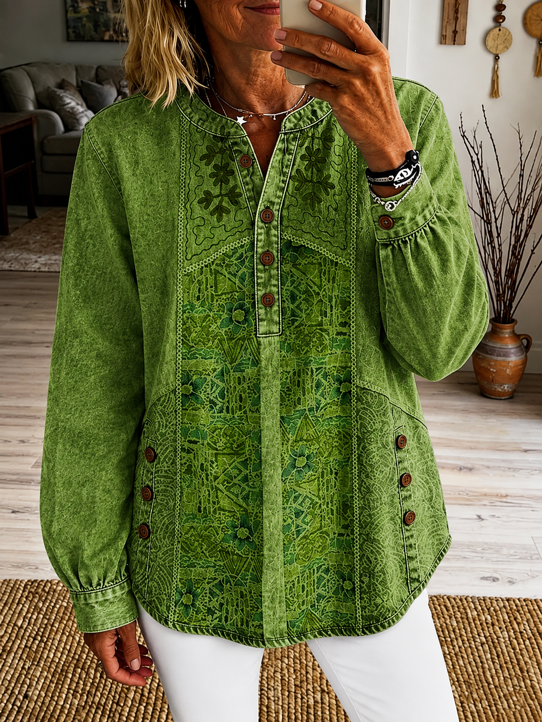 Women's Vintage Ethnic Pattern Art Print Casual Long Sleeve Washed Cotton Denim Shirt