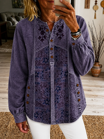 Women's Vintage Ethnic Pattern Art Print Casual Long Sleeve Washed Cotton Denim Shirt