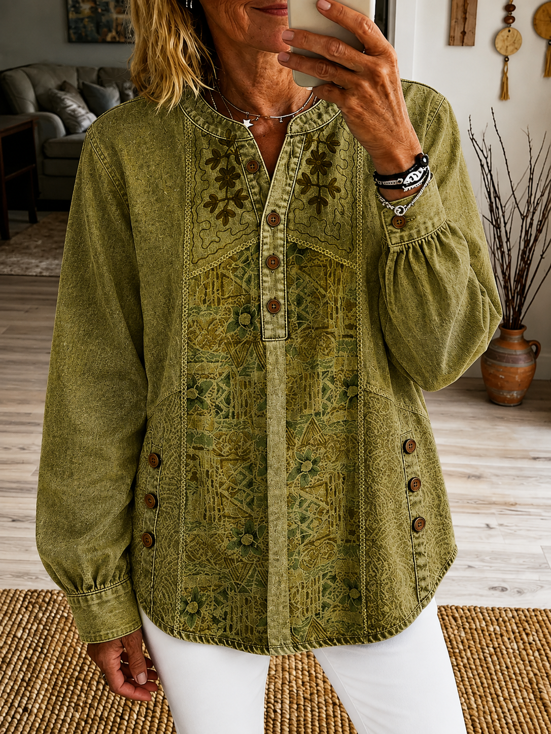 Women's Vintage Ethnic Pattern Art Print Casual Long Sleeve Washed Cotton Denim Shirt