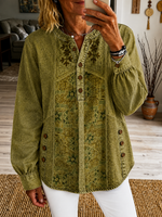 Women's Vintage Ethnic Pattern Art Print Casual Long Sleeve Washed Cotton Denim Shirt