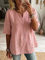 Women's Vintage Floral Embroidery V-neck Short-sleeved Cotton Shirt